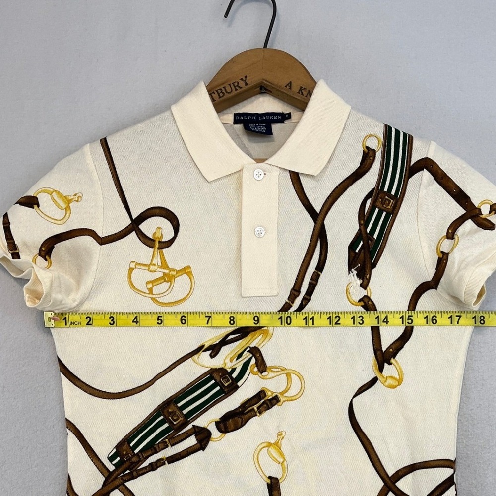 Ralph Lauren Womens Equestrian Horse Bit Print Polo Shirt Cream Brown Size M - Picture 6 of 8